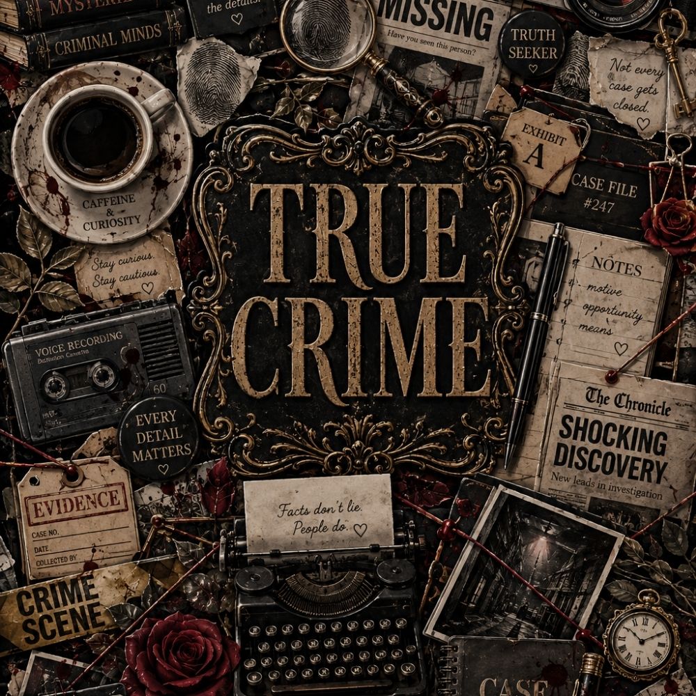Close-up detail of True Crime Collage Kindle insert artwork