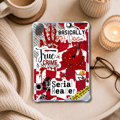 Serial Reader Crime Sticker Look shown on an eReader in a styled setting