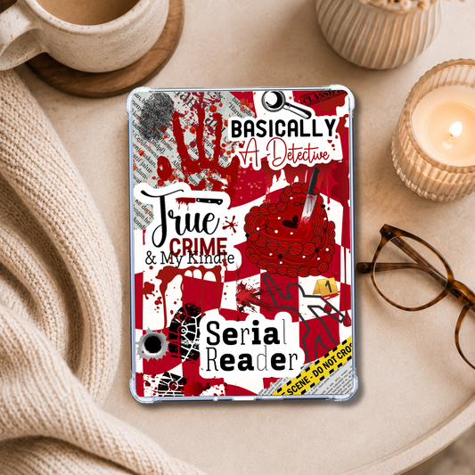 Serial Reader Crime Sticker Look shown on an eReader in a styled setting