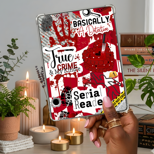 Serial Reader Crime Sticker Look shown on a handheld eReader