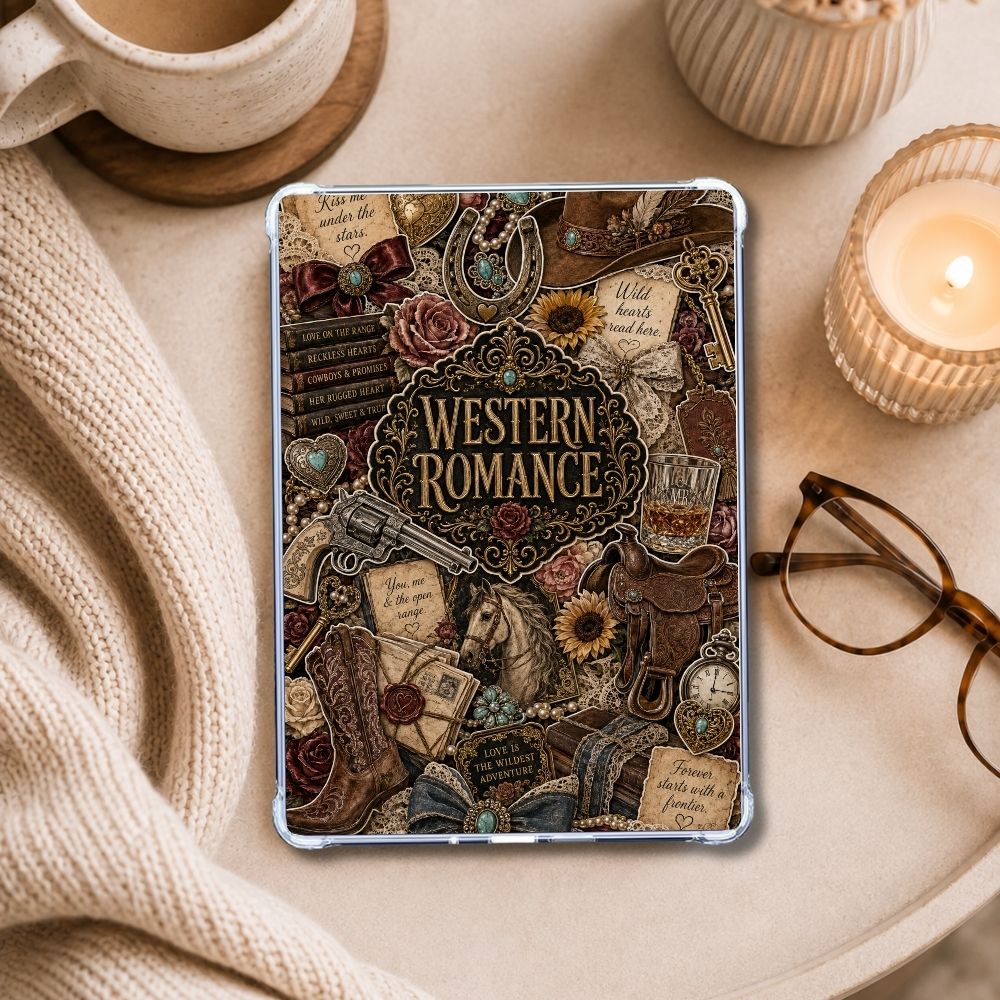 Western Romance Collage Kindle insert styled in a clear eReader case