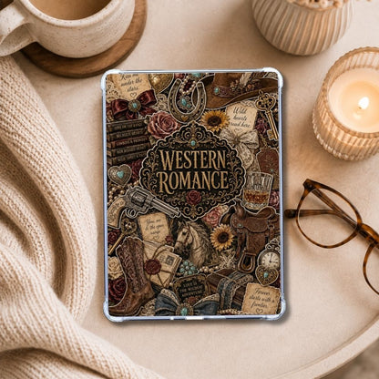Western Romance Collage Kindle insert styled in a clear eReader case