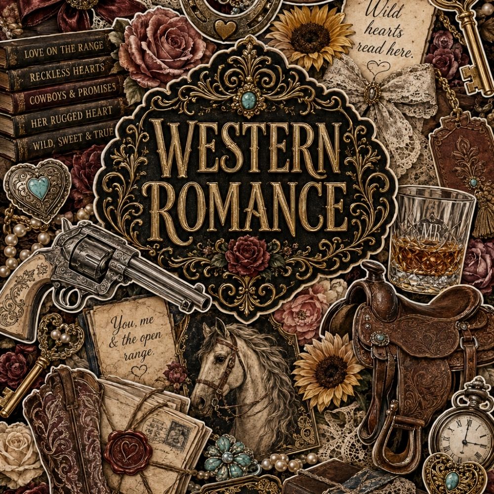 Close-up detail of Western Romance Collage Kindle insert artwork