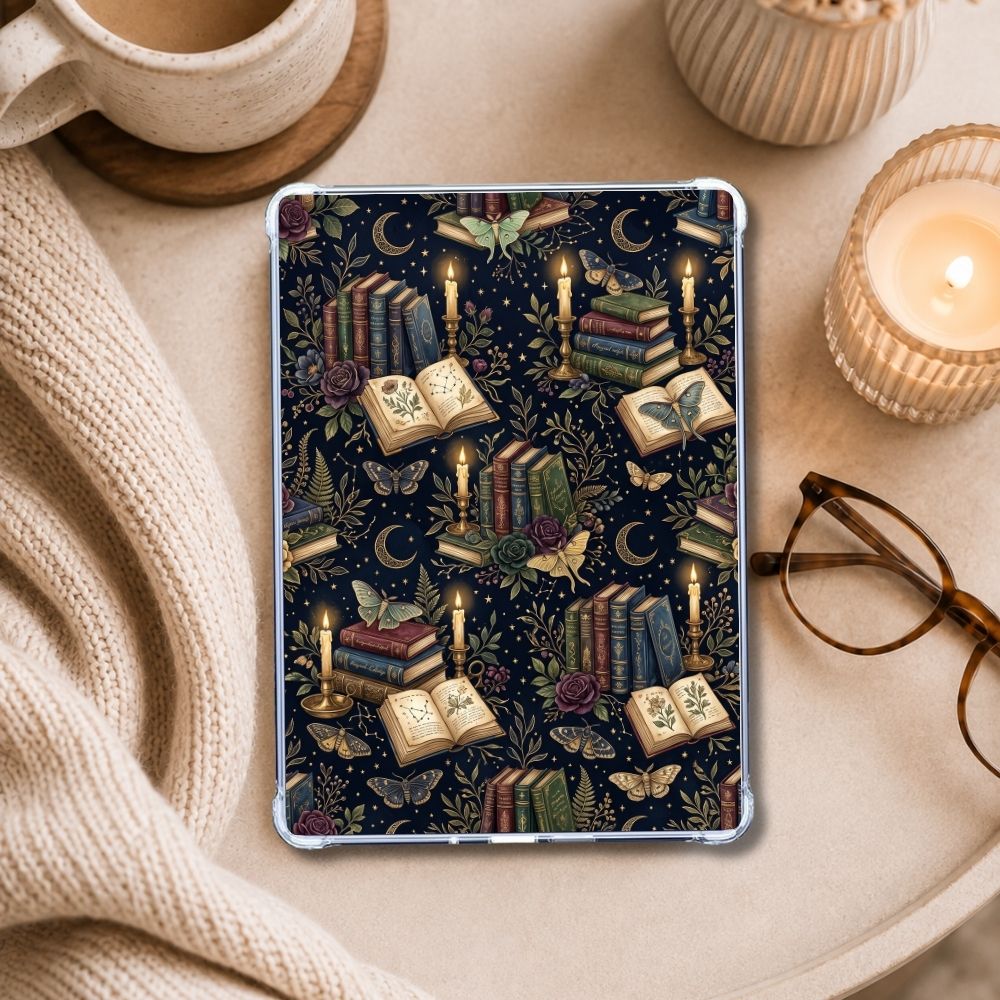 Whimsical Reader Kindle insert styled in a clear eReader case