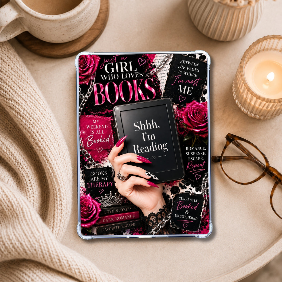 Pink Luxury Shhhh White Girl shown on an eReader in a styled setting