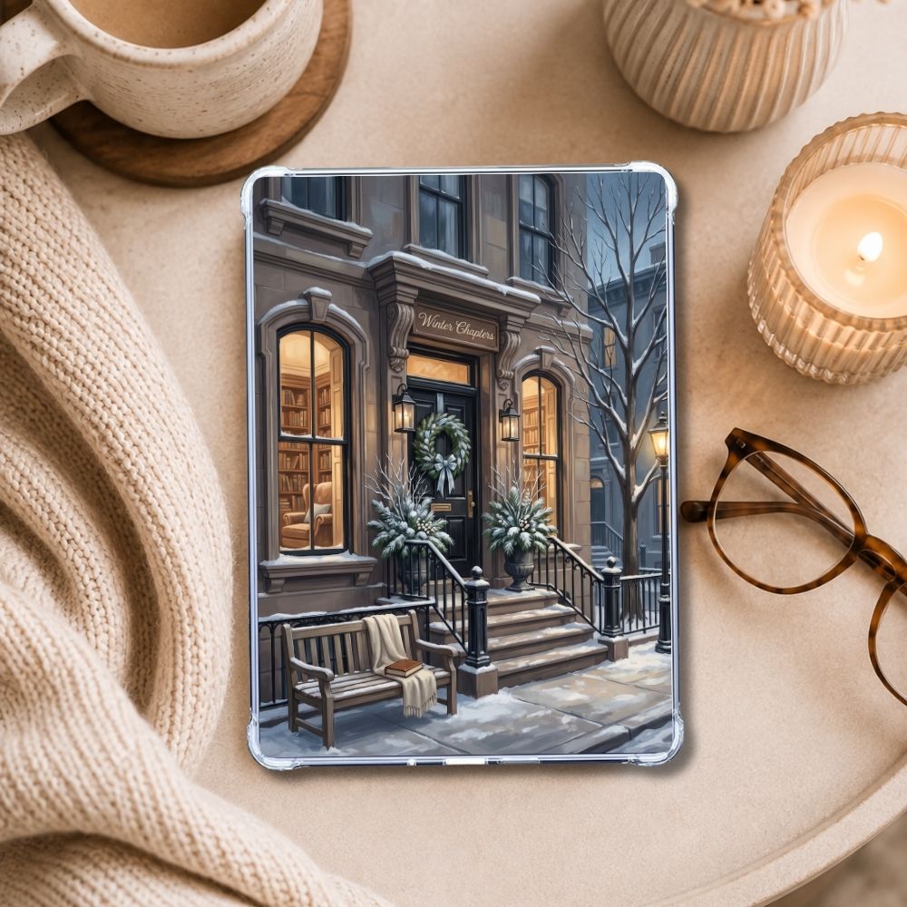 Winter Brownstone Kindle insert styled in a clear eReader case