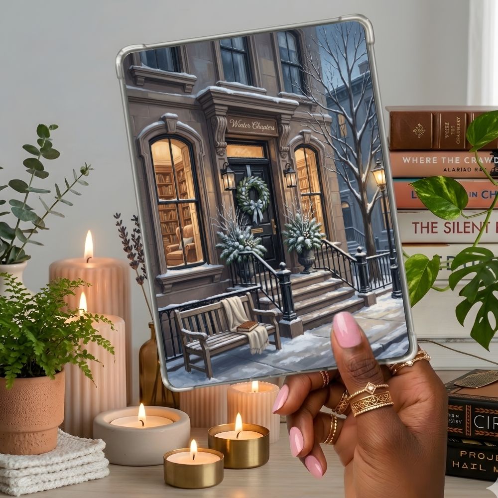 Winter Brownstone Kindle insert second lifestyle view in a clear eReader case