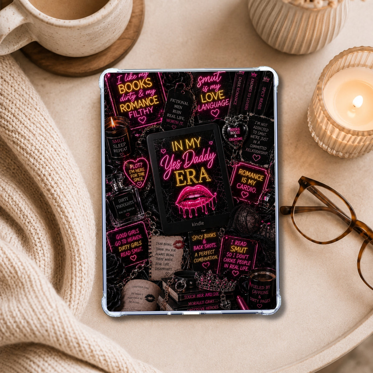 Yes Daddy Era Neon Lights shown on an eReader in a styled setting